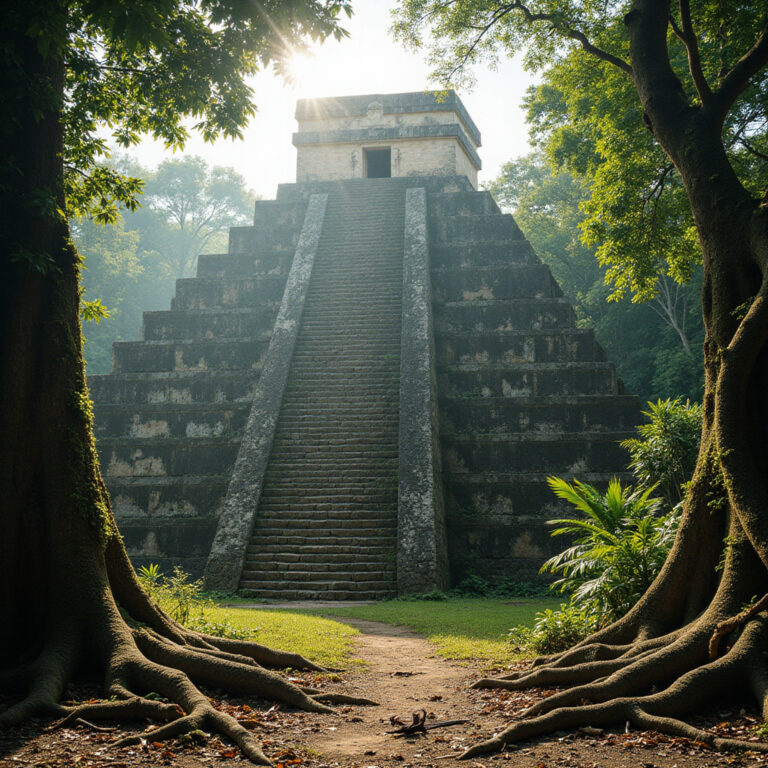 Piramida Nohoch Mul w Coba wśród drzew, starożytna budowla Majów