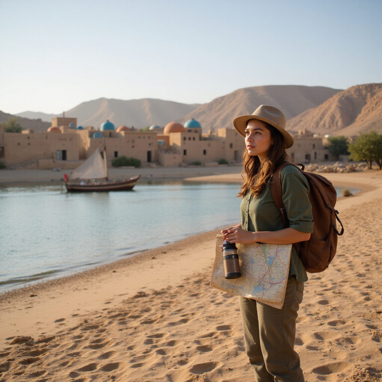Podróżniczka odkrywająca Asuan bez biura podróży na brzegu Nilu z widokiem na nubijskie chaty