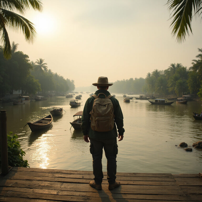 Podróżnik eksplorujący na własną rękę Can Tho z widokiem na rzekę i łodzie w Delcie Mekongu