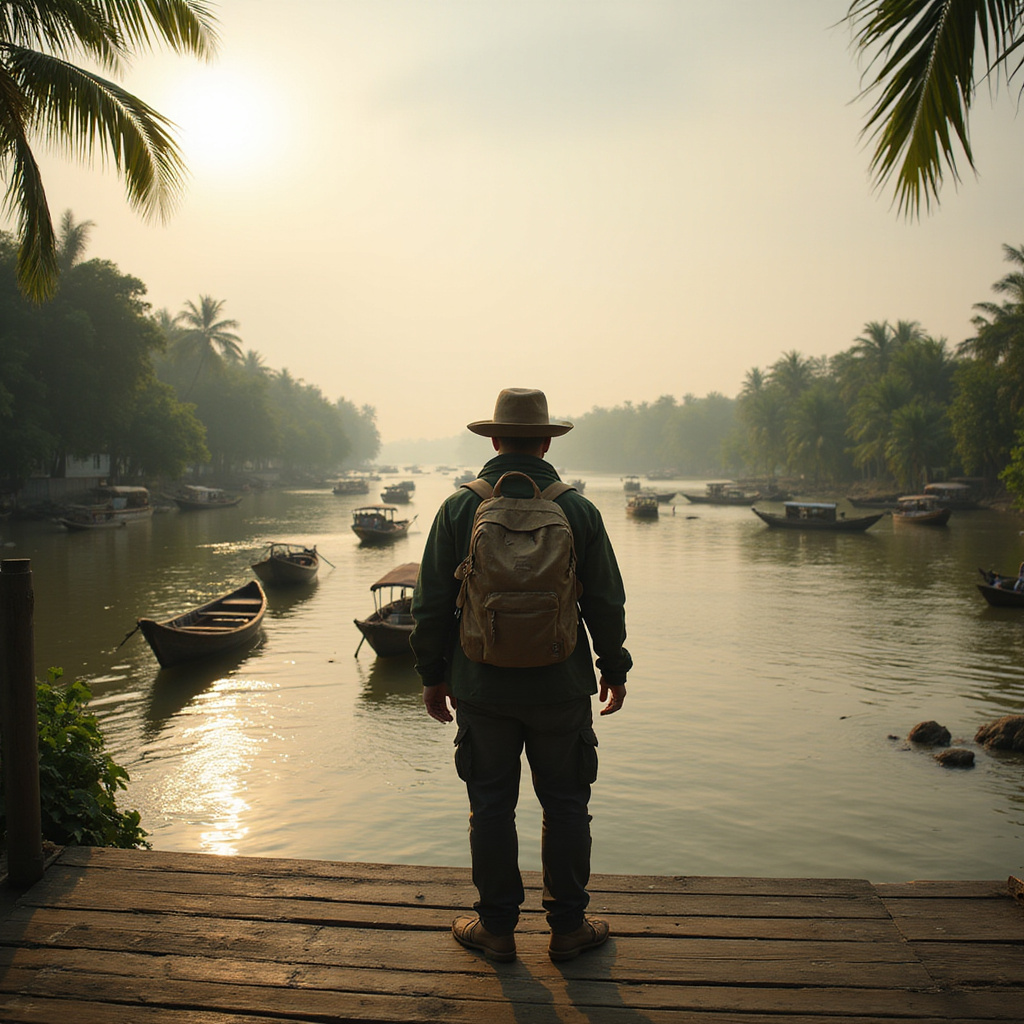 Podróżnik eksplorujący na własną rękę Can Tho z widokiem na rzekę i łodzie w Delcie Mekongu