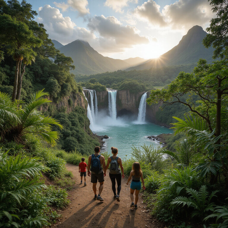Rodzina na szlaku w górach Dominikany z widokiem na wodospad