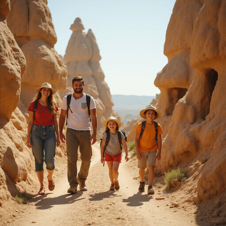 Rodzina spacerująca wśród skalnych formacji w Kapadocji, dzieci bawiące się wśród skał