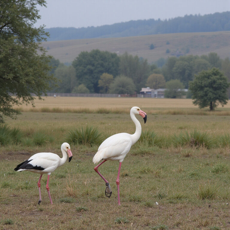 Krajobraz sawanny w okolicach Atrakcji Nakuru z flamingami i nosorożcami
