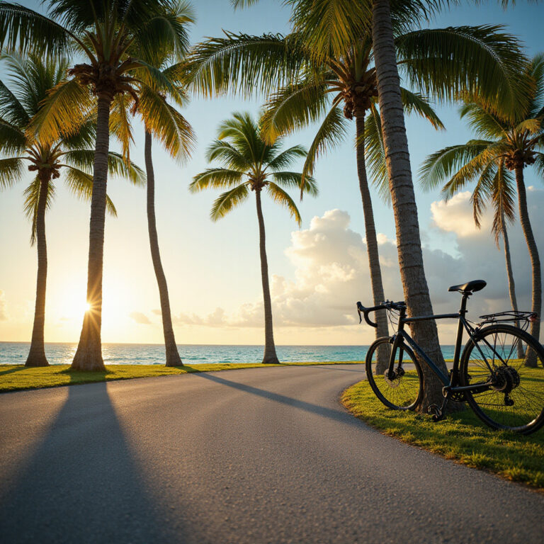 Ścieżka rowerowa w Miami z widokiem na ocean i palmy
