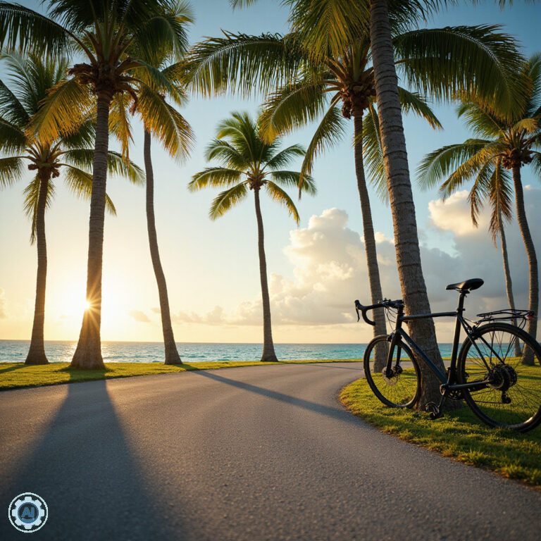 Ścieżka rowerowa w Miami z widokiem na ocean i palmy
