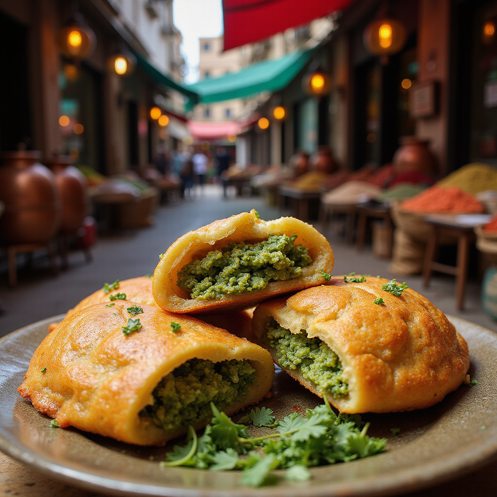 Egipski falafel ta'ameya smażony na złoty kolor na tle ulicznego stoiska w Kairze