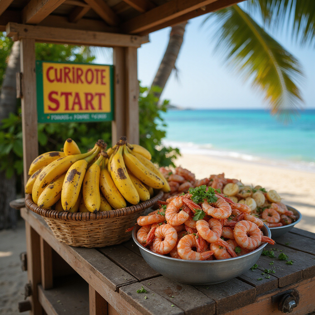 Uliczne stragany z plantanami i krewetkami w okolicach plaży Cabarete