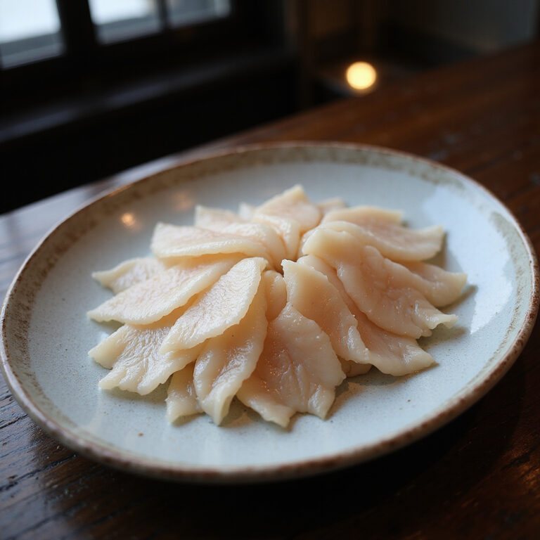 Fugu w Osace – talerz z sashimi z ryby fugu w restauracji Zuboraya