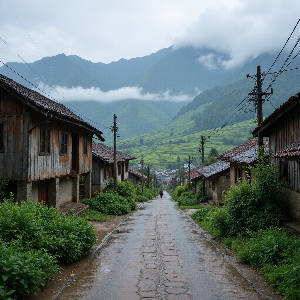 Ulica w Sapa z widokiem na tarasy ryżowe i góry