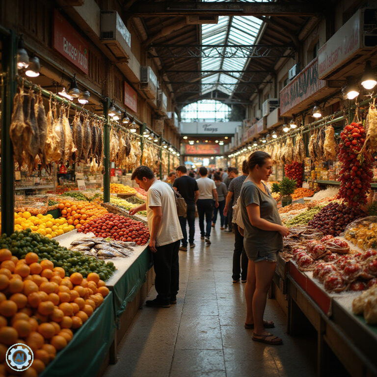 Targ Mercat de l'Olivar w Palma de Mallorca z kolorowymi stoiskami i świeżymi produktami