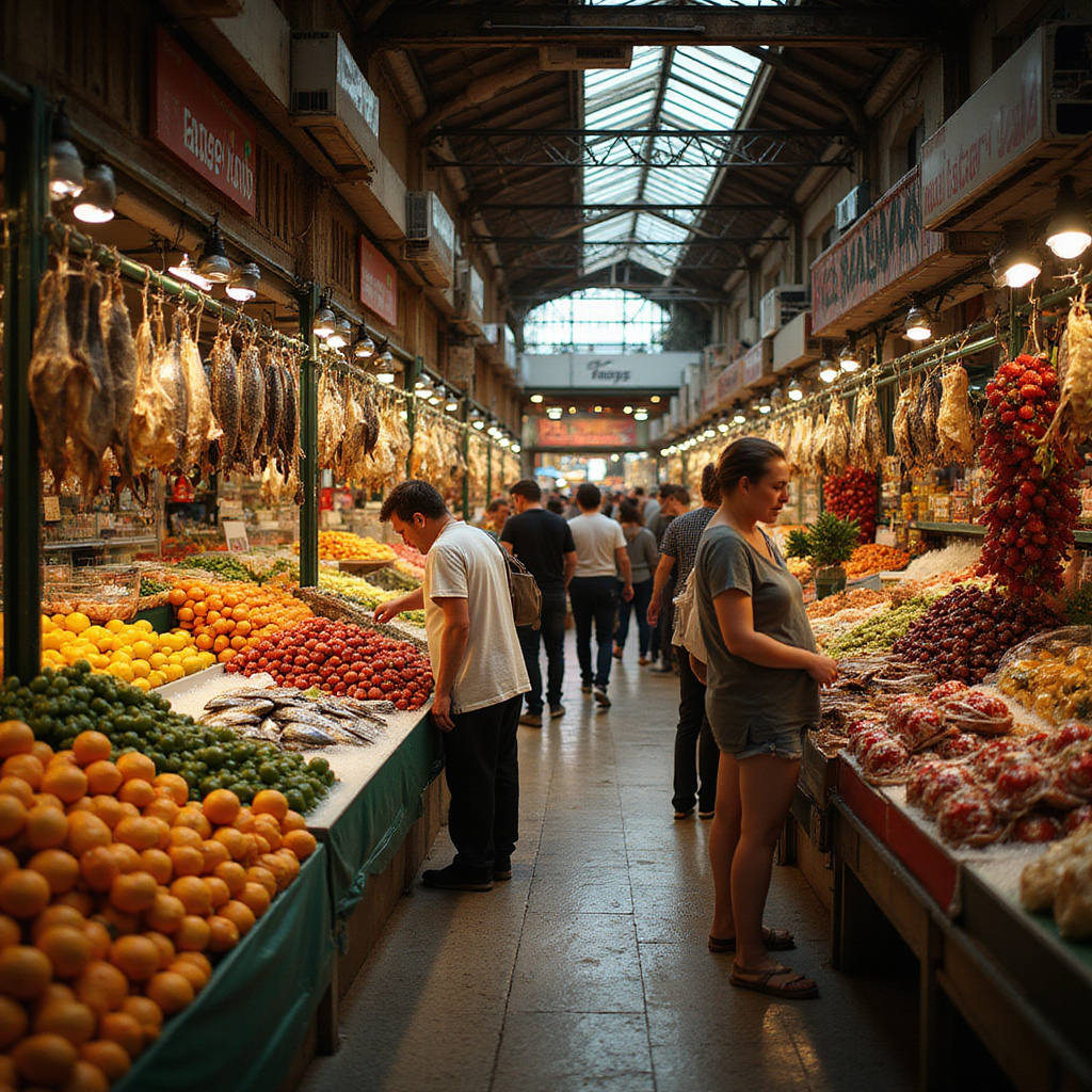 Targ Mercat de l'Olivar w Palma de Mallorca z kolorowymi stoiskami i świeżymi produktami
