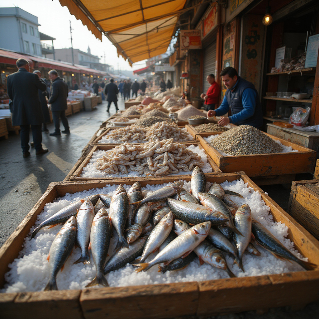 Świeże anchovies na targu rybnym w Trabzonie - sezon na hamsi w pełni