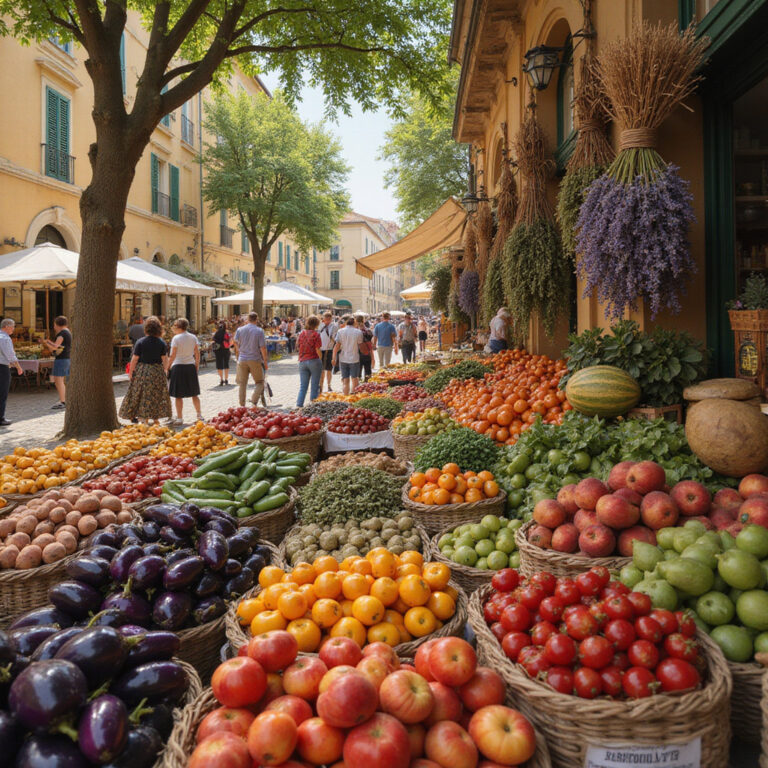 Targ w Aix-en-Provence z lokalnymi produktami prowansalskimi, świeże warzywa i owoce