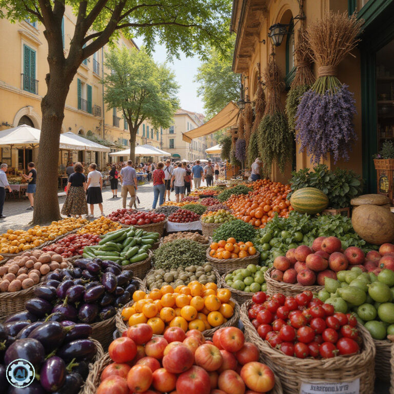 Targ w Aix-en-Provence z lokalnymi produktami prowansalskimi, świeże warzywa i owoce
