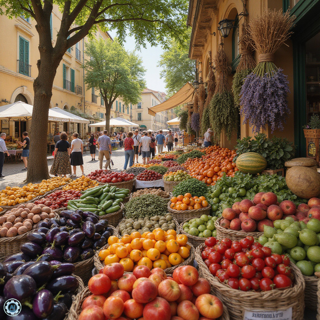 Targ w Aix-en-Provence z lokalnymi produktami prowansalskimi, świeże warzywa i owoce