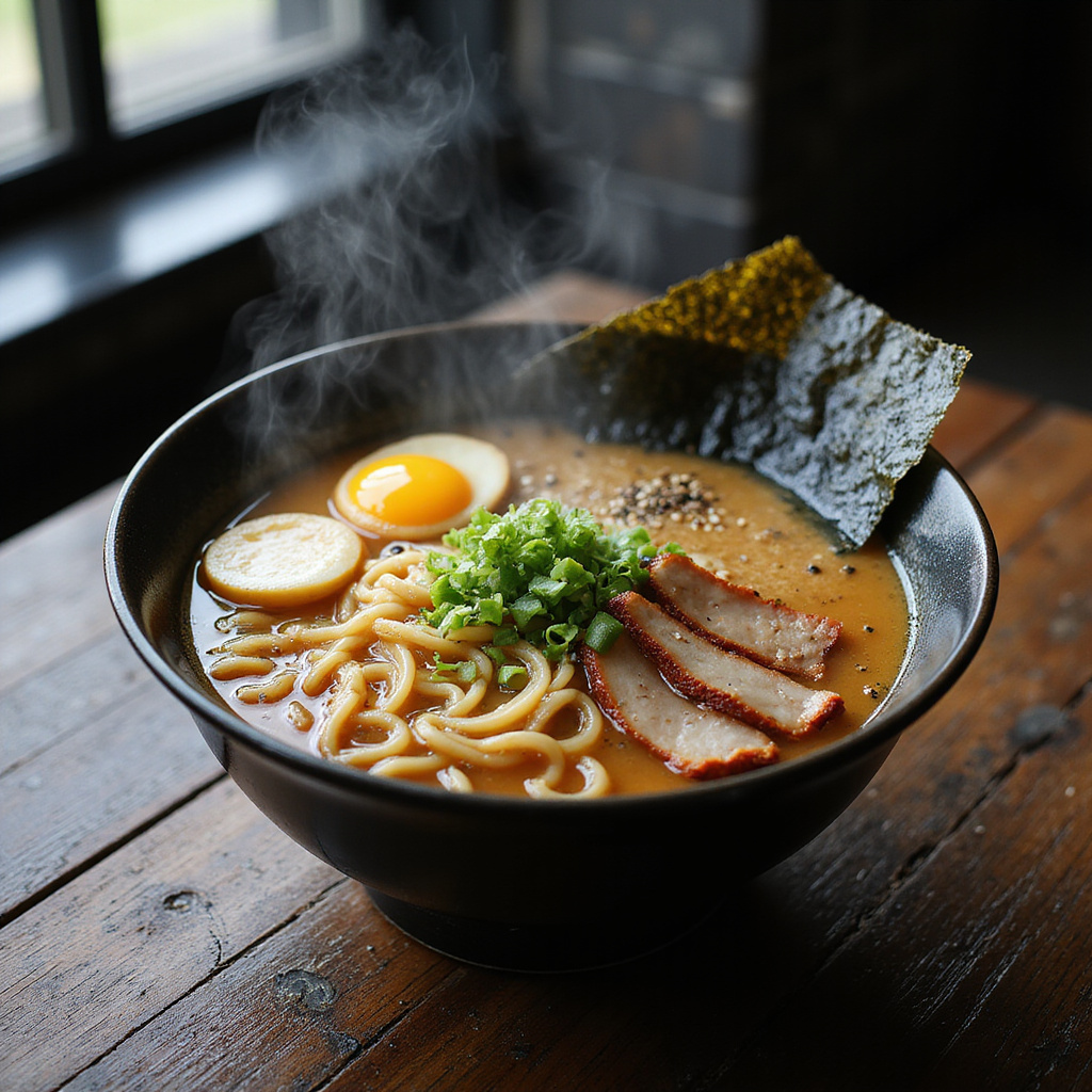 miska tonkotsu ramen z dodatkami na drewnianym stole