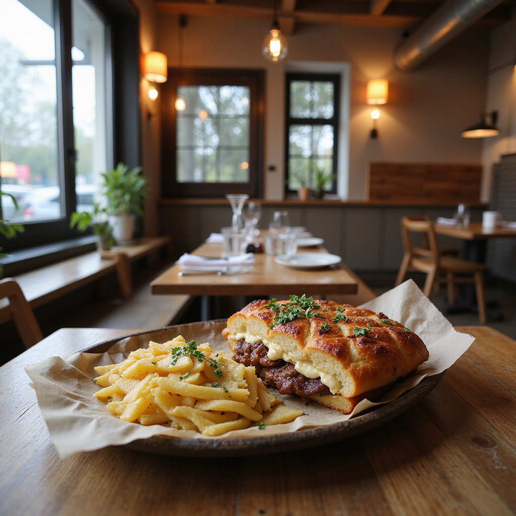 Tradycyjna łotewska restauracja z drewnianymi stołami i ciepłym światłem