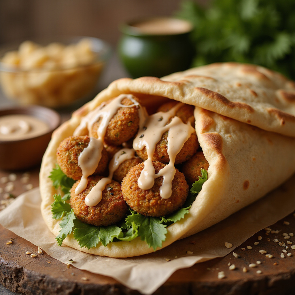 Tradycyjne egipskie danie ta'ameya podawane w świeżej picie z tahini i warzywami