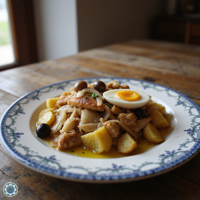 Bacalhau à Braga podawany na tradycyjnym portugalskim talerzu