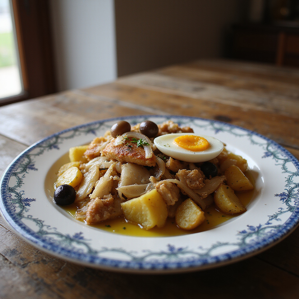 Bacalhau à Braga podawany na tradycyjnym portugalskim talerzu