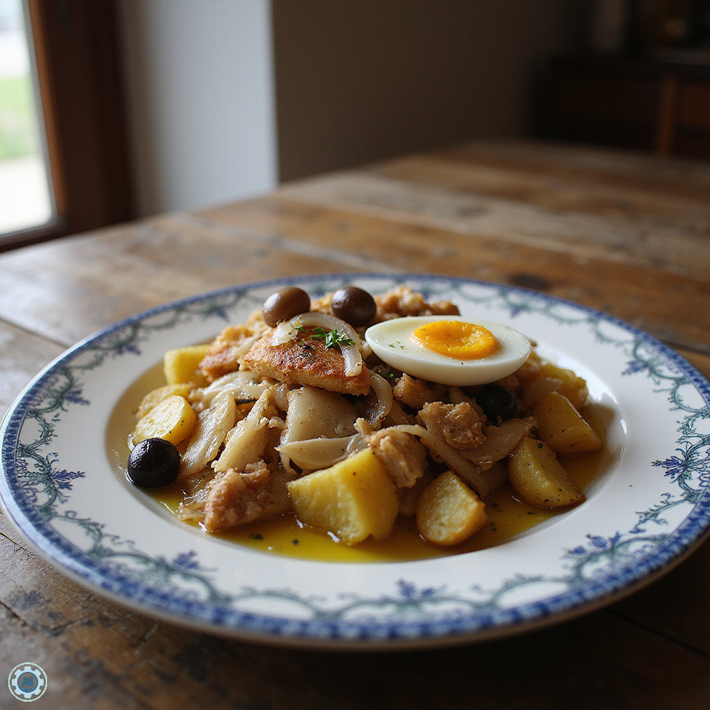 Bacalhau à Braga podawany na tradycyjnym portugalskim talerzu