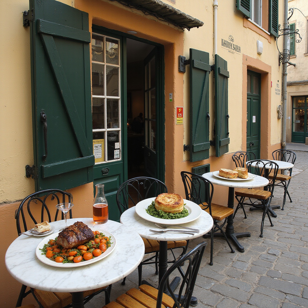 Małe bistro w Prowansji z tradycyjnymi daniami, stoliki na ulicy