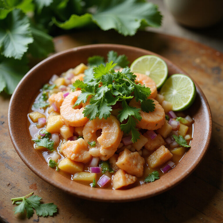 Ceviche z Karaibów na talerzu w restauracji w Santo Domingo, świeże owoce morza, kolendra