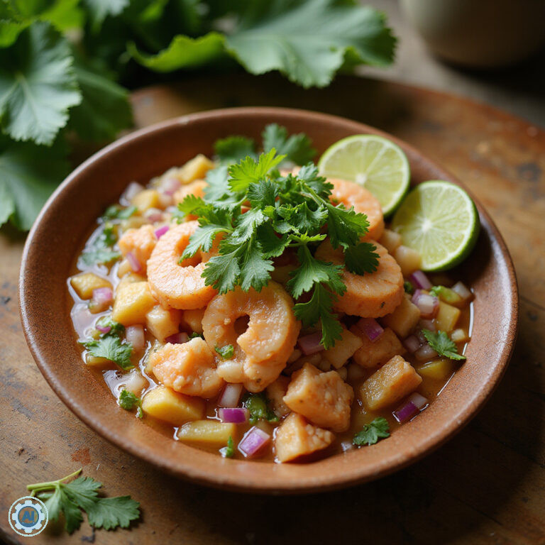 Ceviche z Karaibów na talerzu w restauracji w Santo Domingo, świeże owoce morza, kolendra