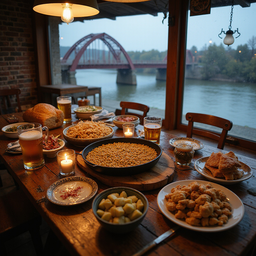 Tradycyjne łotewskie dania na stole w przytulnej restauracji nad rzeką w Kuldīga