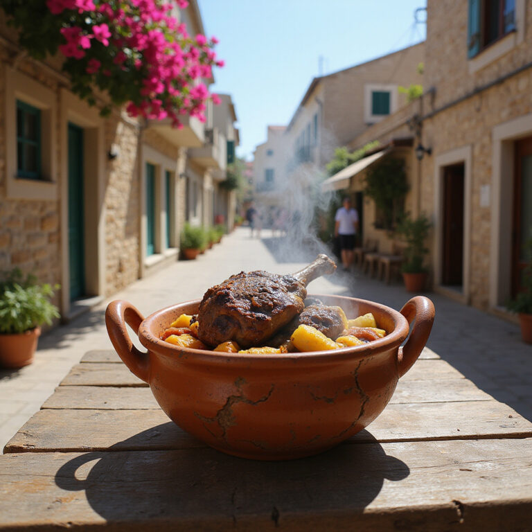 Tradycyjne kleftiko serwowane w glinianym garnku na tle ulicy w Kyrenii