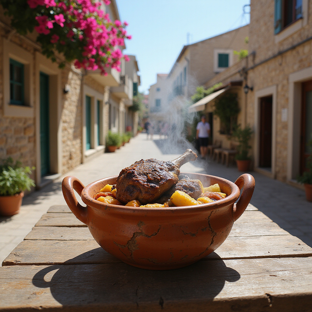 Tradycyjne kleftiko serwowane w glinianym garnku na tle ulicy w Kyrenii