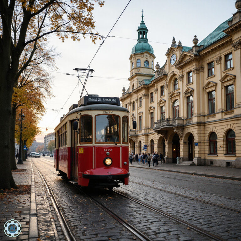 Tramwaj na ulicy w Ołomuńcu z widokiem na zabytkowy budynek dworca