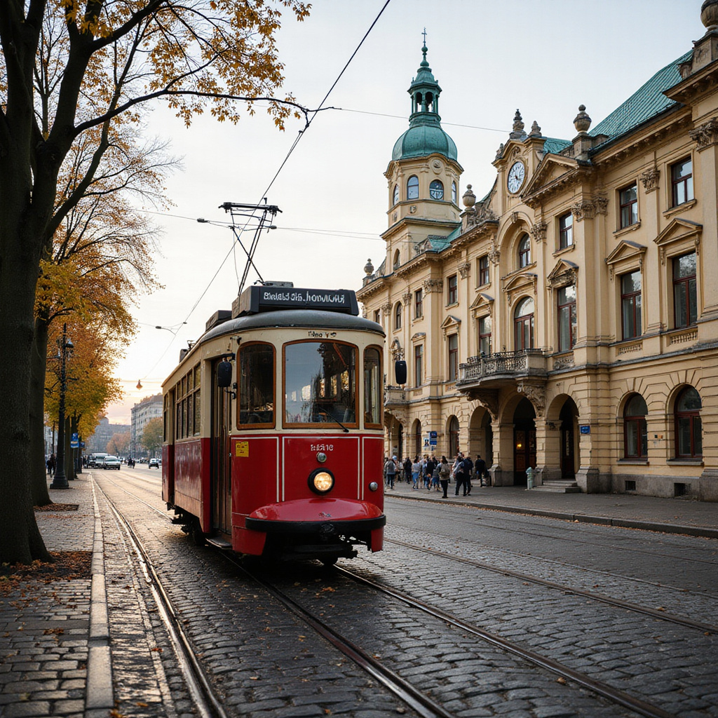 Tramwaj na ulicy w Ołomuńcu z widokiem na zabytkowy budynek dworca