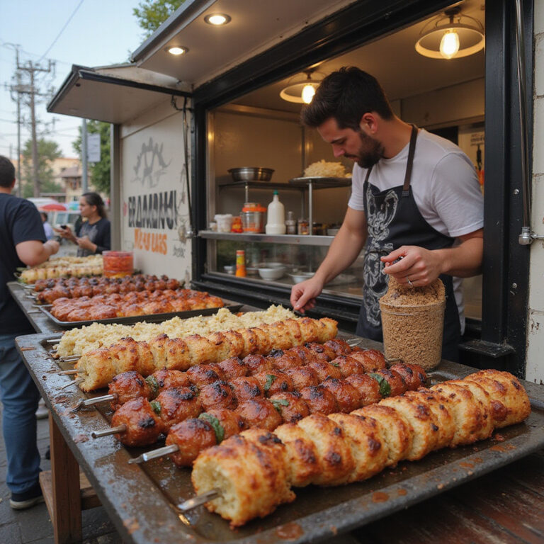 Ulica w Fethiye z food-truckami serwującymi kebab, turecki street food