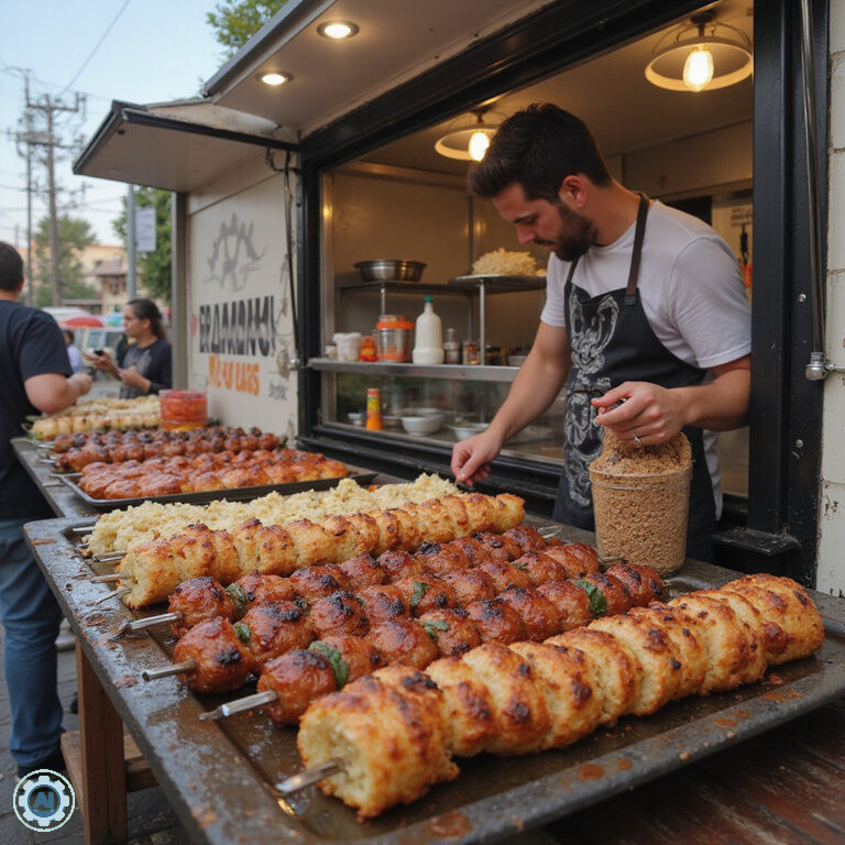 Ulica w Fethiye z food-truckami serwującymi kebab, turecki street food