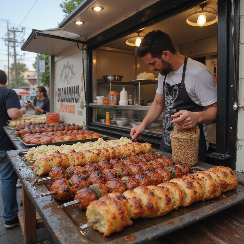 Ulica w Fethiye z food-truckami serwującymi kebab, turecki street food