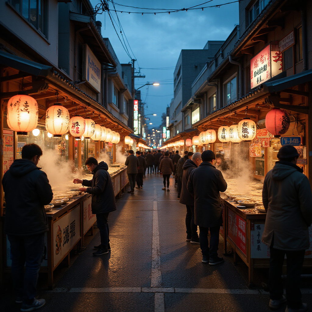 Ulica w Fukuoka z tradycyjnymi yatai i turystami jedzącymi ramen