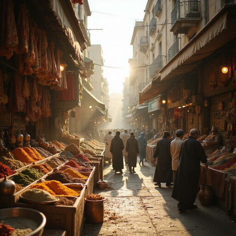 ulica w Kairze z lokalnymi straganami i żywą atmosferą