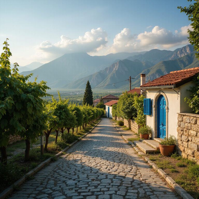 Ulica w Patras wśród winnic z widokiem na góry