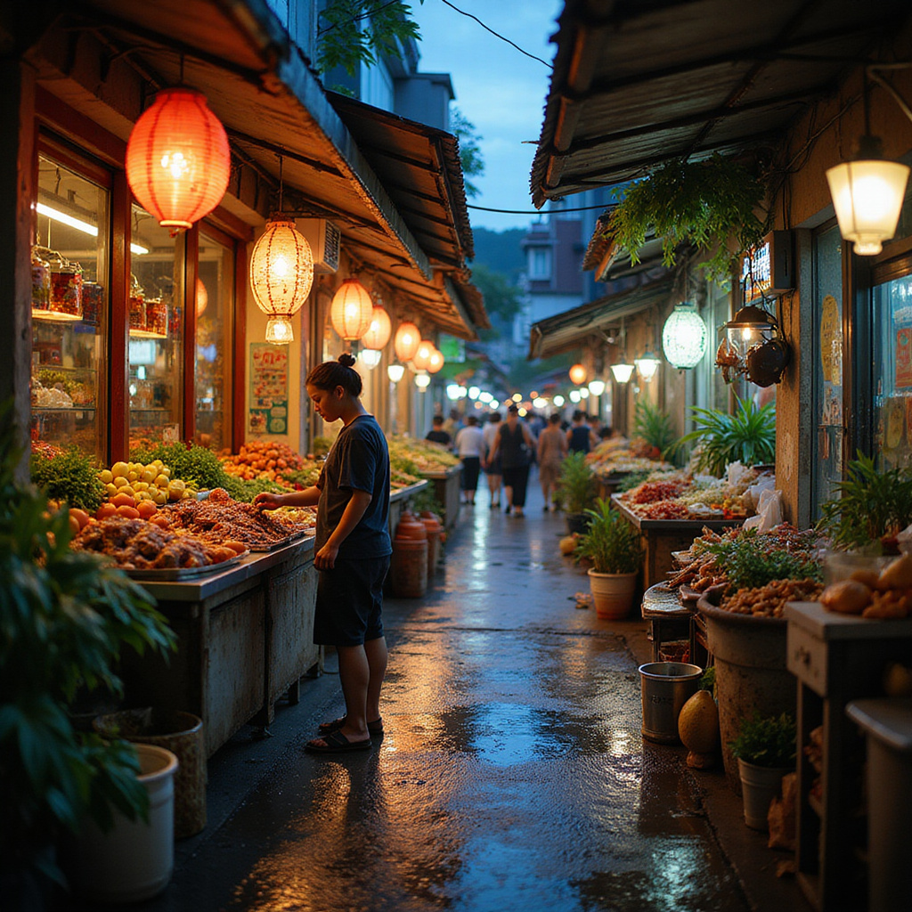 uliczka w Nha Trang z lokalnymi straganami street food