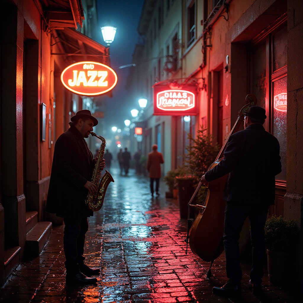 Nocne neony i muzykanci na ulicach z jazzem w historycznej części miasta