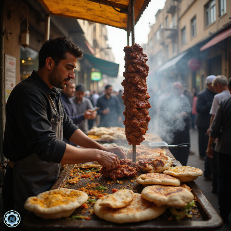 uliczny stragan z shawarmą w Kairze, egipski street food, tłum ludzi
