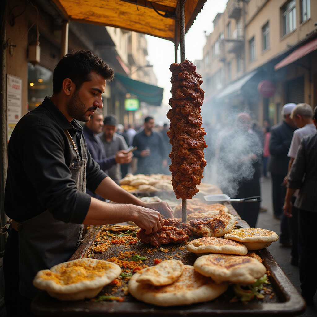 uliczny stragan z shawarmą w Kairze, egipski street food, tłum ludzi