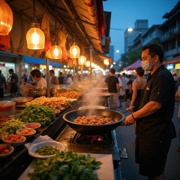 tajski street food na ulicy w Bangkoku z kolorowymi straganami