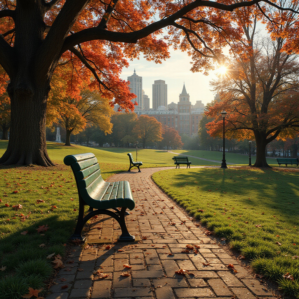 Widok na Boston Common z ławkami i drzewami w tle