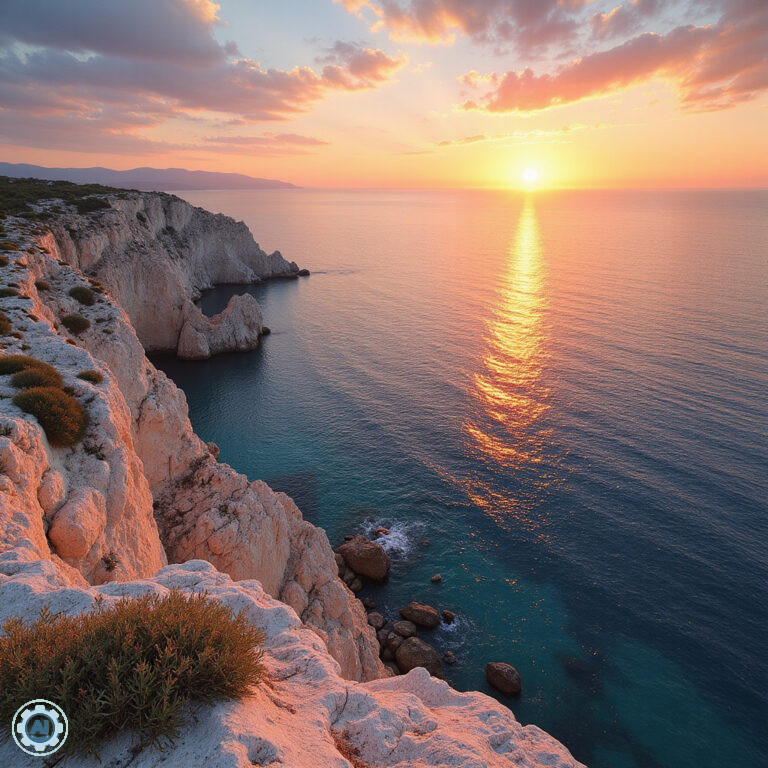 Widok na wschód słońca w Cape Greco z klifu, morze Śródziemne w tle