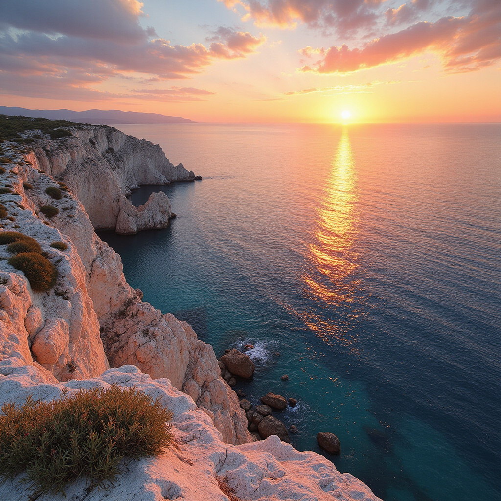 Widok na wschód słońca w Cape Greco z klifu, morze Śródziemne w tle