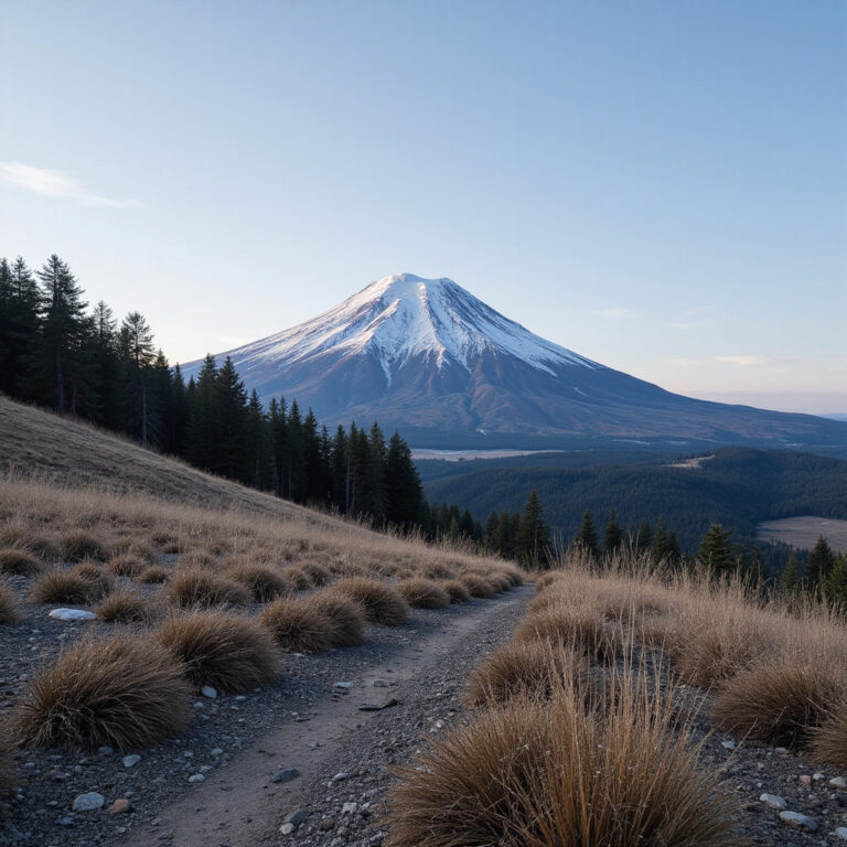 Spacer alejką w ogrodzie Shirotori z widokiem na sztuczną górę Fuji