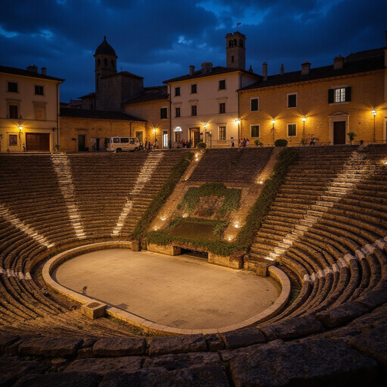 Arena di Verona nocą z oświetloną sceną i widownią, starożytny amfiteatr wypełniony publicznością