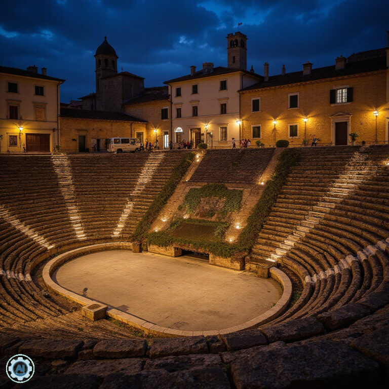 Arena di Verona nocą z oświetloną sceną i widownią, starożytny amfiteatr wypełniony publicznością